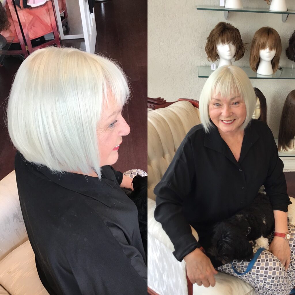 Our client wearing a grey human hair wig