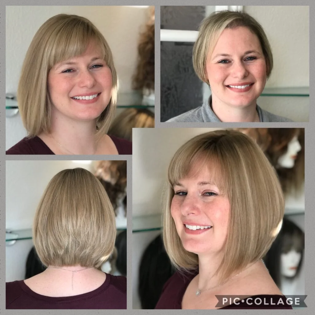 Montage of our client wearing a short blonde human hair wig