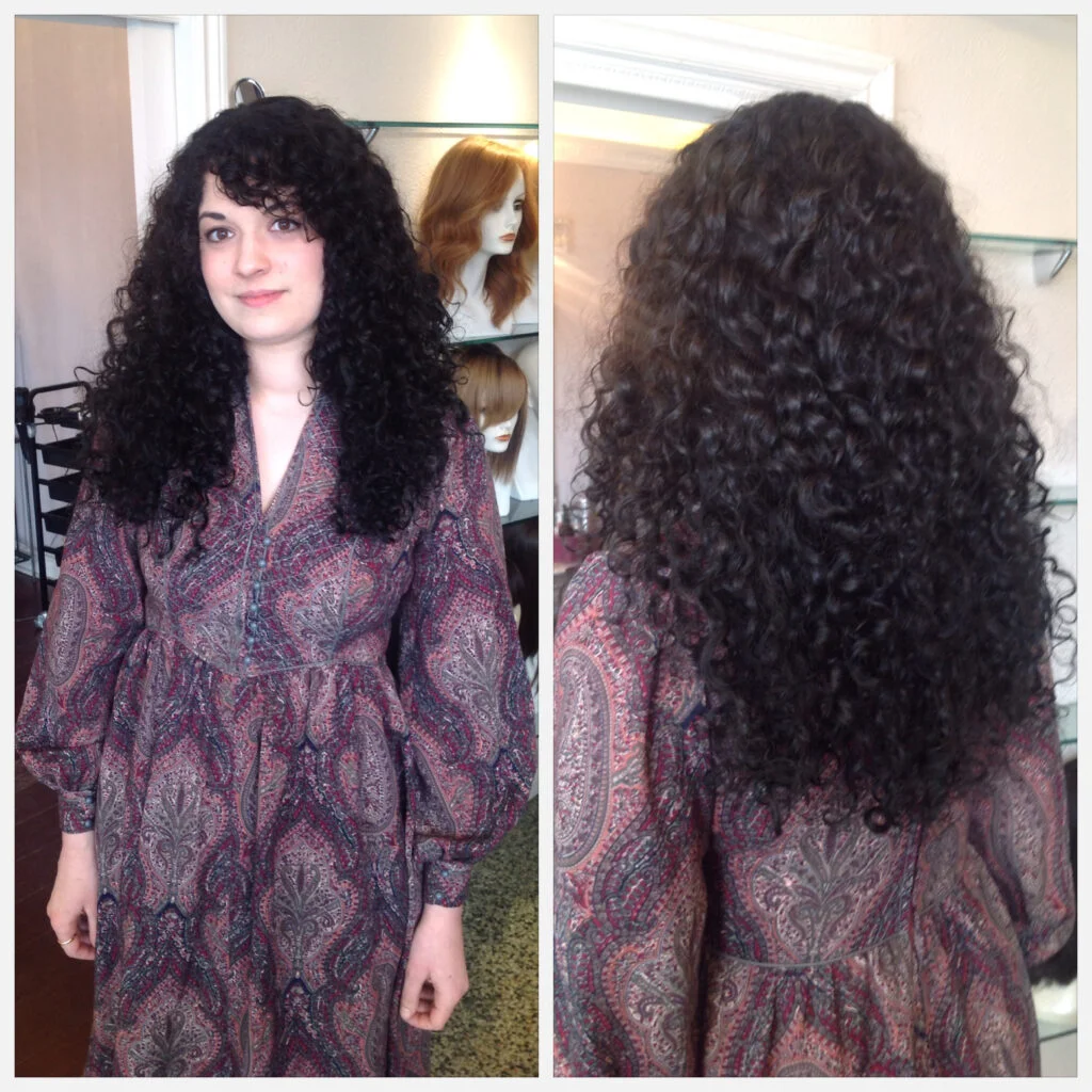 Front and back photo of our client wearing a curly human hair wig