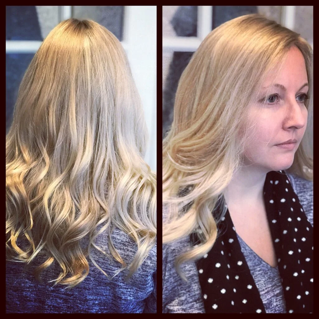 Front and back of our client wearing a blonde wavy wig in our shop