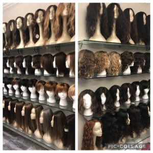 Collage of natural hair wigs in our Miami wig store in various cuts, lengths, and colors