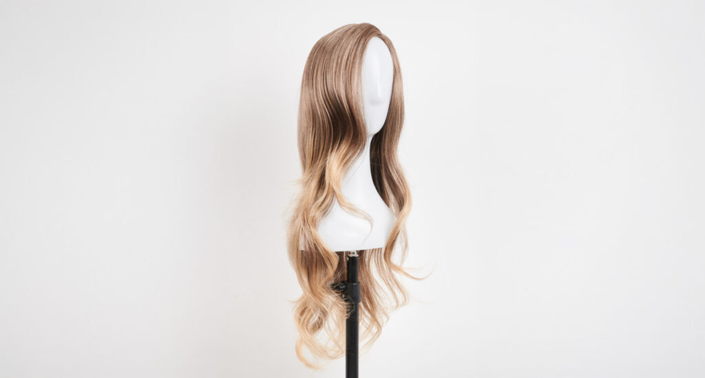 A beautiful long blonde human hair wig on a stand