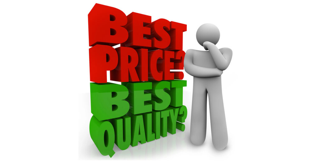 "Best price best quality" wording with stick person considering what is better